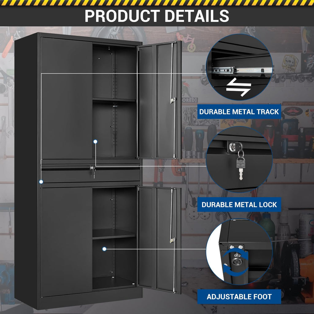 Fesbos 71' Metal Cabinet-Black Heavy Duty Storage File Cabinet Steel Tool Cabinets with Shelves, Lockable Doors and Drawers- for Garage, Pantry, Warehouse - Assembly Required