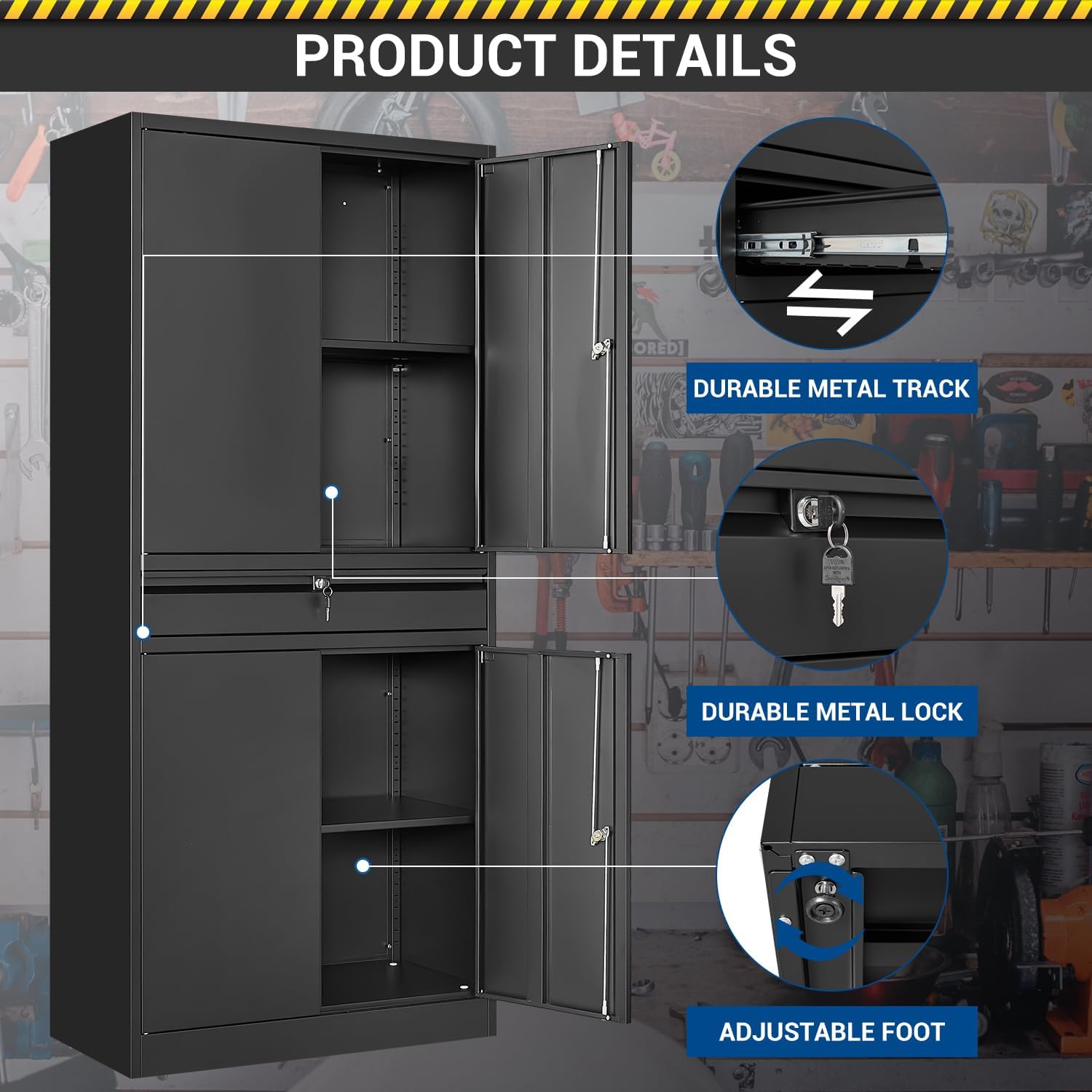 Fesbos 71' Metal Cabinet-Black Heavy Duty Storage File Cabinet Steel Tool Cabinets with Shelves, Lockable Doors and Drawers- for Garage, Pantry, Warehouse - Assembly Required