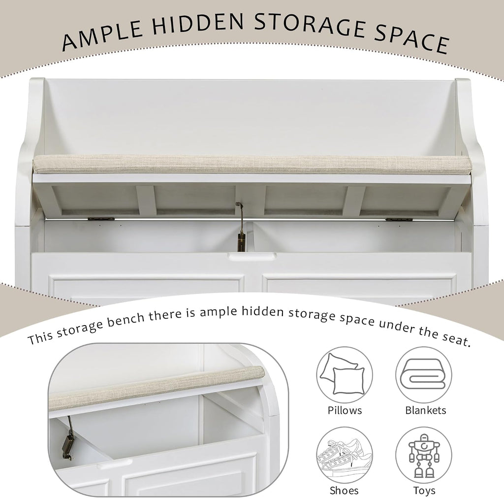 Bellemave Storage Bench with Safety Hinge Wooden Entryway Benches with Shoe Cabinets Under Seat Multifunctional Storage Bench for Entryway, Foyer or a Mudroom (White + Beige)