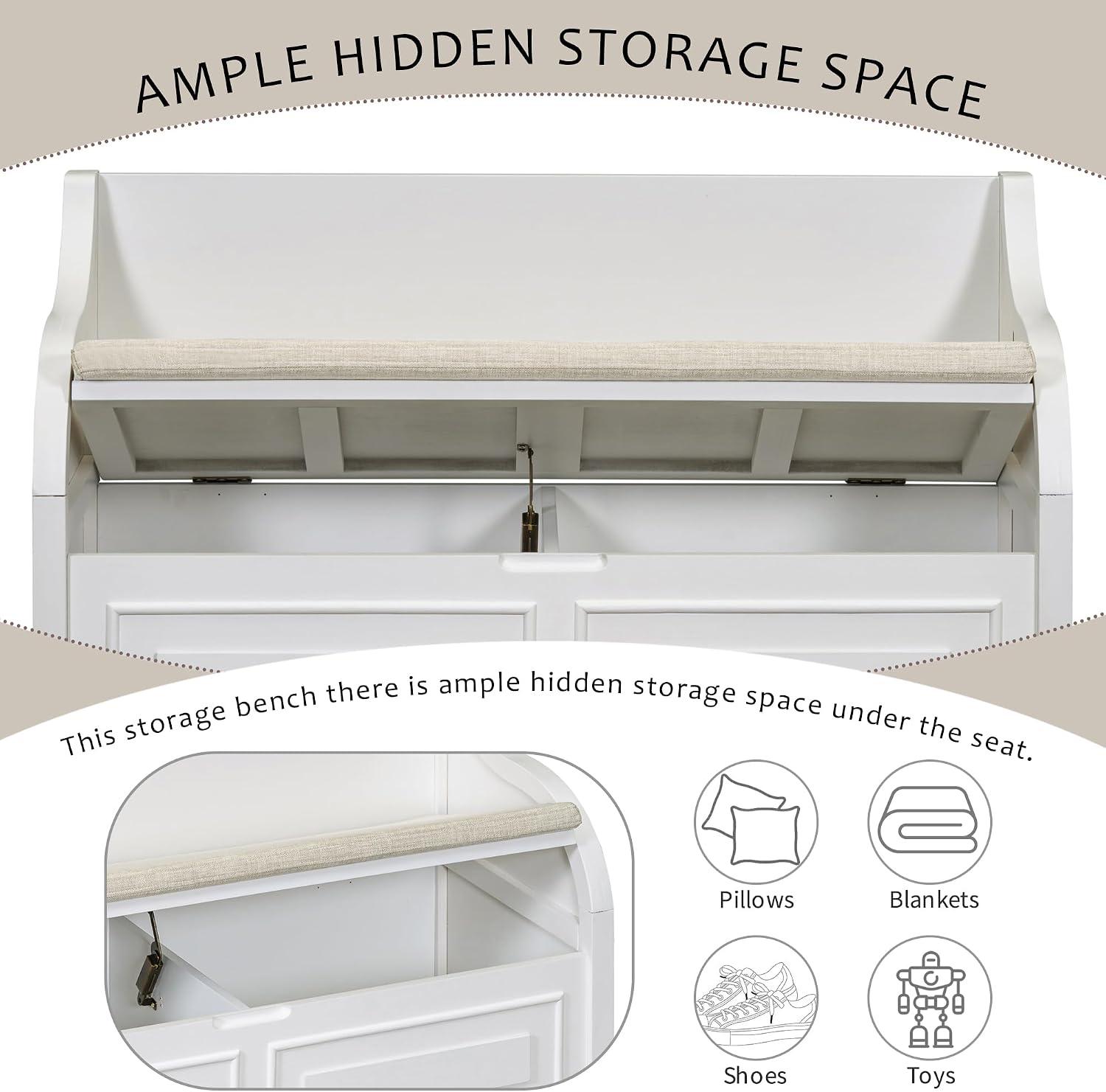 Bellemave Storage Bench with Safety Hinge Wooden Entryway Benches with Shoe Cabinets Under Seat Multifunctional Storage Bench for Entryway, Foyer or a Mudroom (White + Beige)