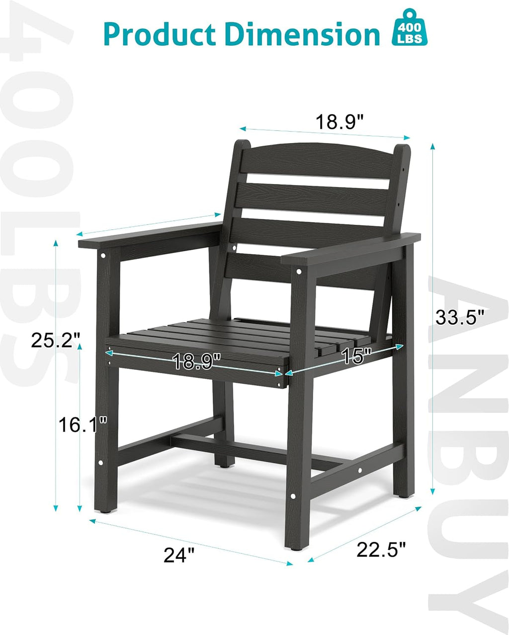 Anbuy Patio HDPE Dining Table Sets, Patio Dining Chairs Set of 2 - HDPE Outdoor Dining Chair for Various Scenes in Outdoor, Dining Room, Garden (Black)