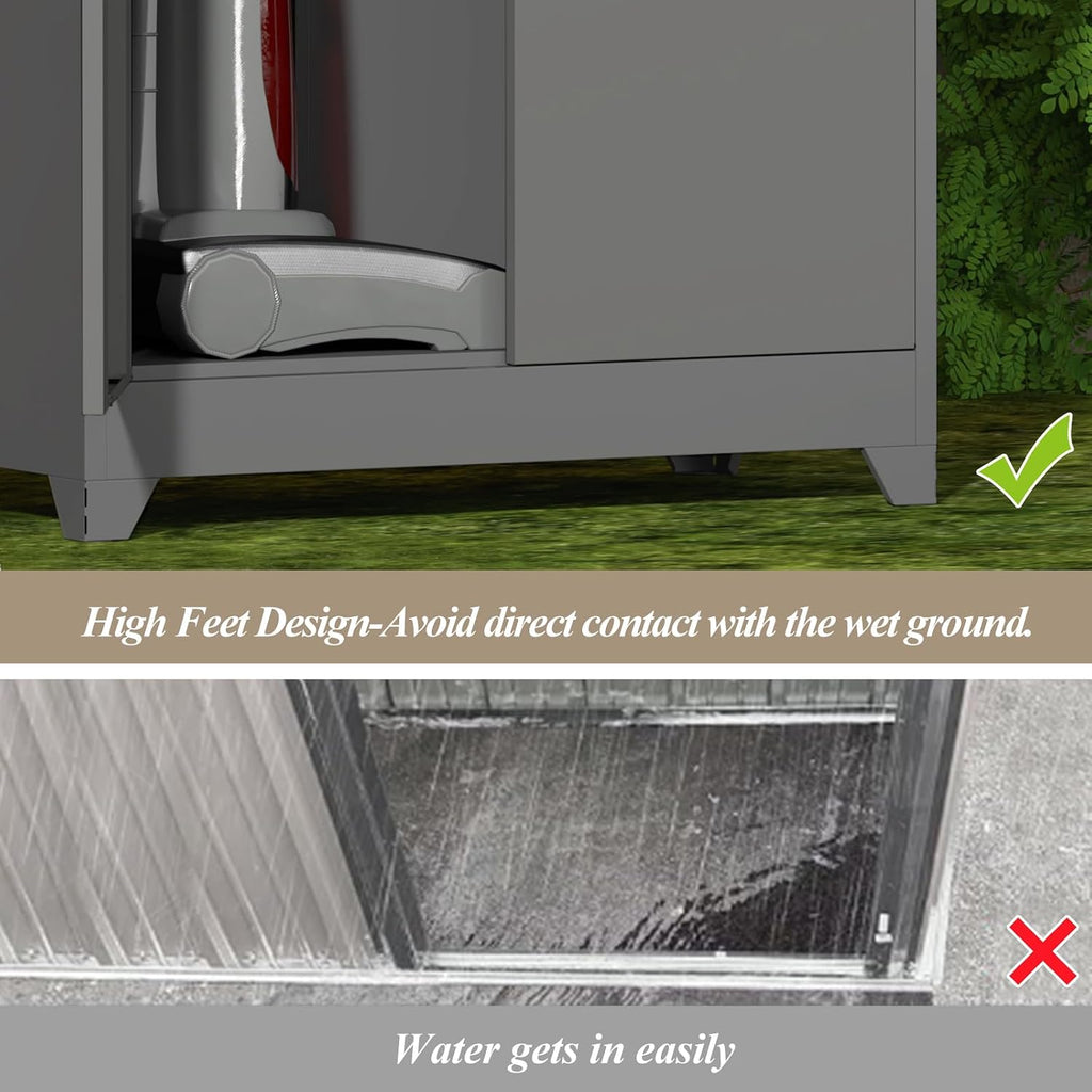 GREATMEET 72.8' Outdoor Broom Storage Cabinet, Metal Storage Cabinets for Cleaning Supplies with Slanted Roof, Utility Closet, Waterproof Outdoor Shed for Broom Mop, Grey