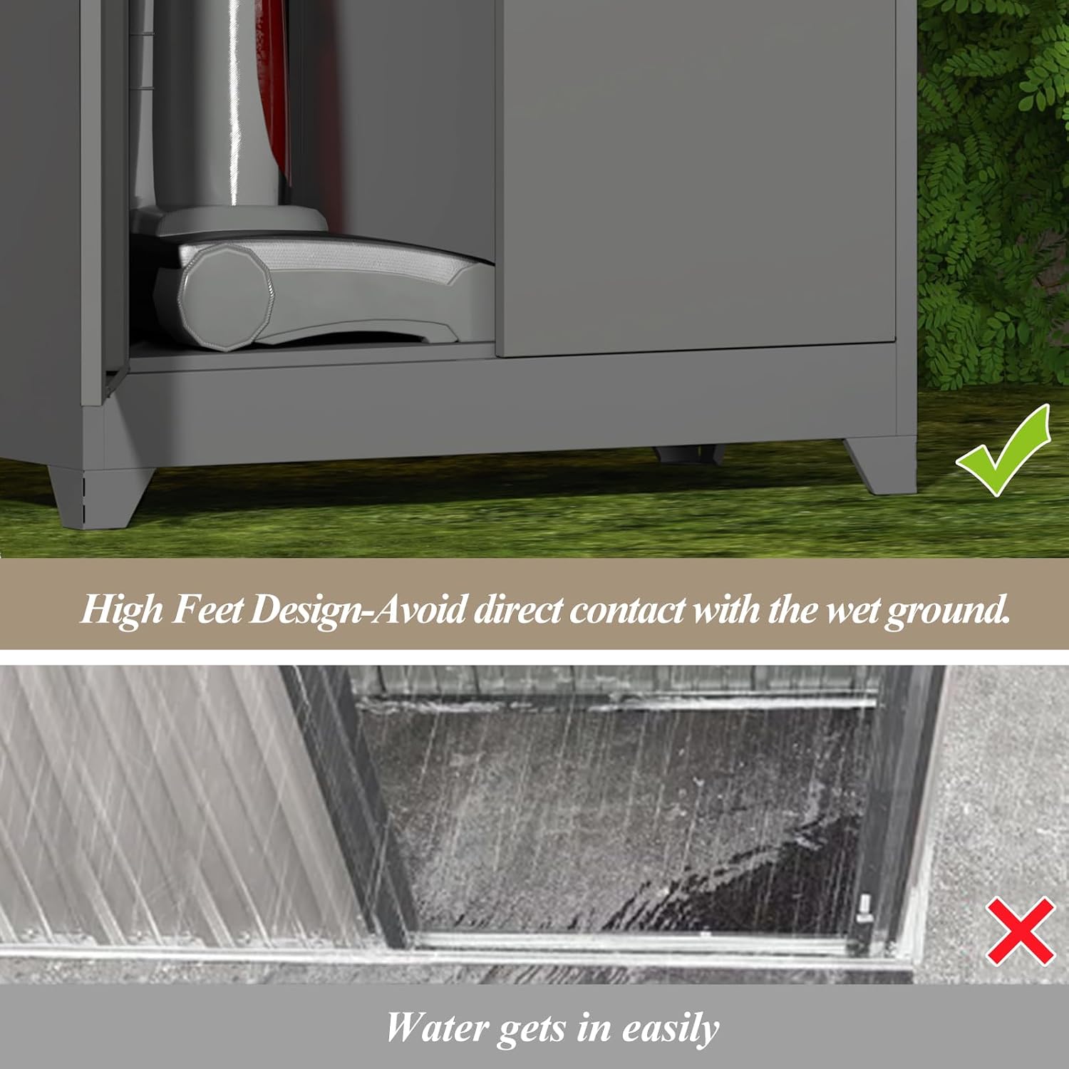 GREATMEET 72.8' Outdoor Broom Storage Cabinet, Metal Storage Cabinets for Cleaning Supplies with Slanted Roof, Utility Closet, Waterproof Outdoor Shed for Broom Mop, Grey