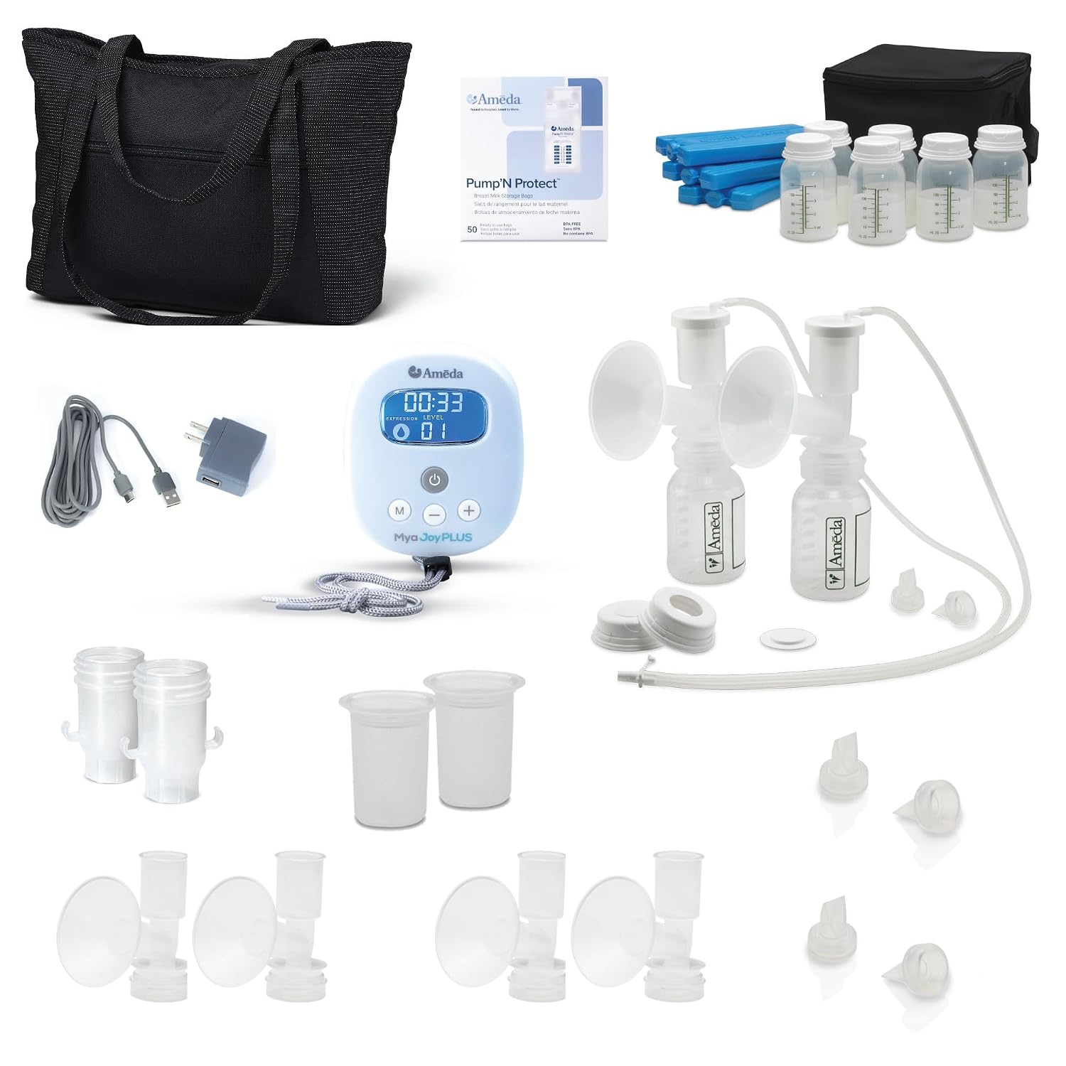 Ameda MYA Joy Plus Rechargeable Breast Pump with Deluxe Tote, Includes Cool & Carry Bag with 6 Containers, 50 Milk Bags, 4 Extra Valves, and 2 Diaphragms