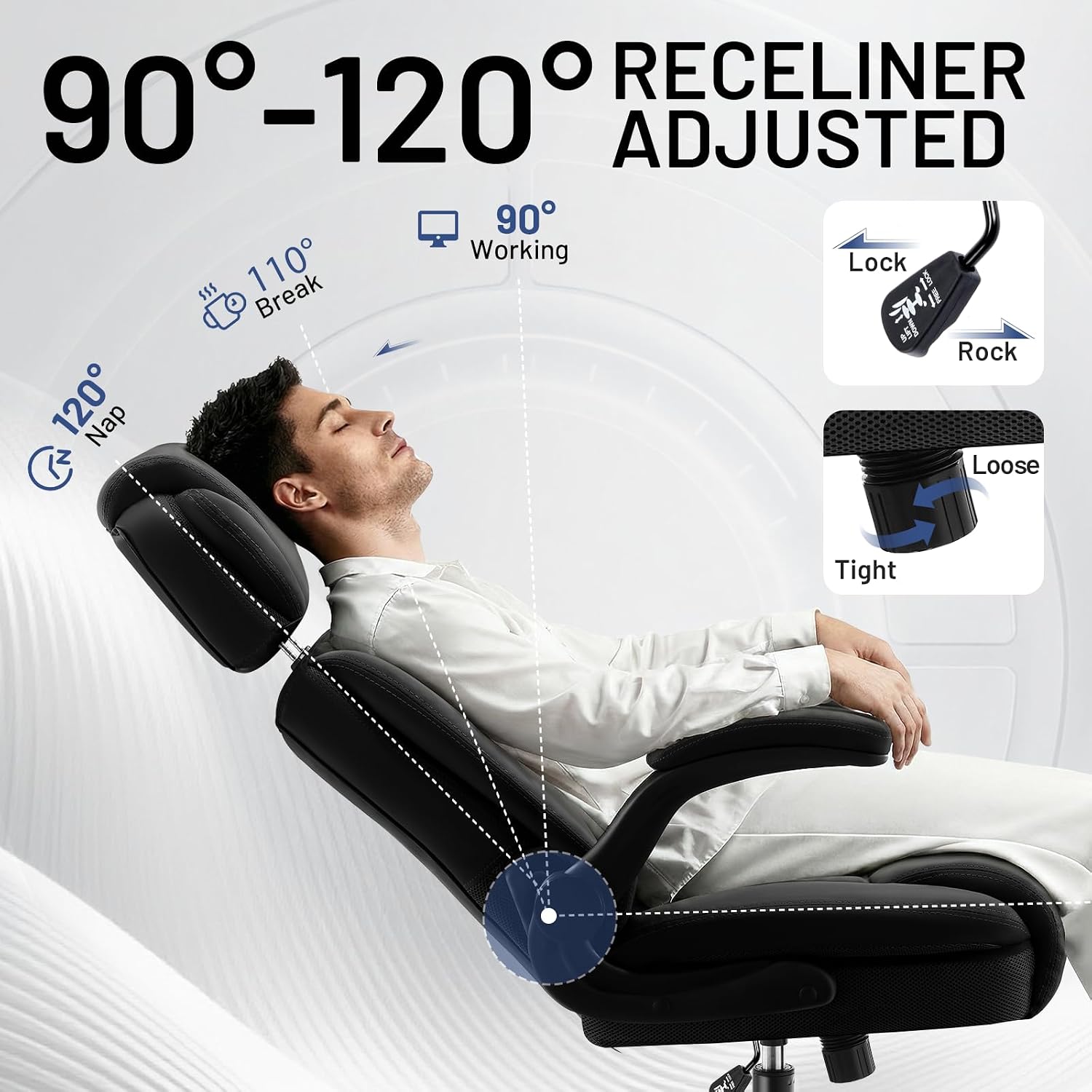 AreShark Ergonomic Office Chair with Lumbar Support, 400lbs Heavy Duty Big and Tall Executive Desk Chair, PU Leather High Back Computer Chair with Flip-Up Arms & Adjustable Headrest, Black