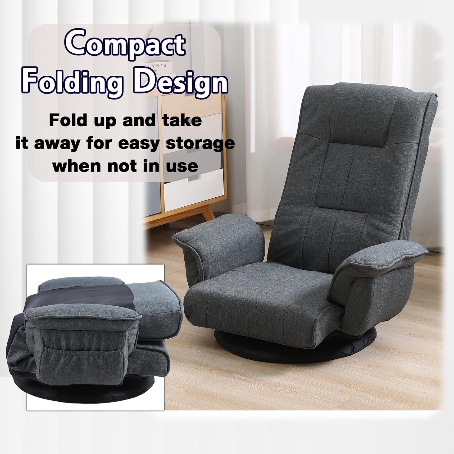 360 Degree Swivel Floor Chairs for Adults, Gaming Floor Chair with Back Support, 14 Angles Adjustable Comfortable Floor Lounge Chair Folding Video Game Chairs Office Bedroom 201 (Dark Grey)