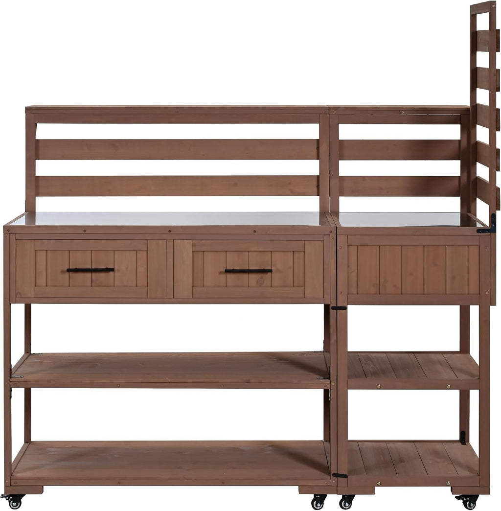 62.3'' Patio Kitchen Island, Solid Wood Kitchen Cart with Stainless Table Top, Garden Potting Bench with Raised Shelf and Drawers, Grill Prep Table for BBQ, Party (Brown-62.3'')
