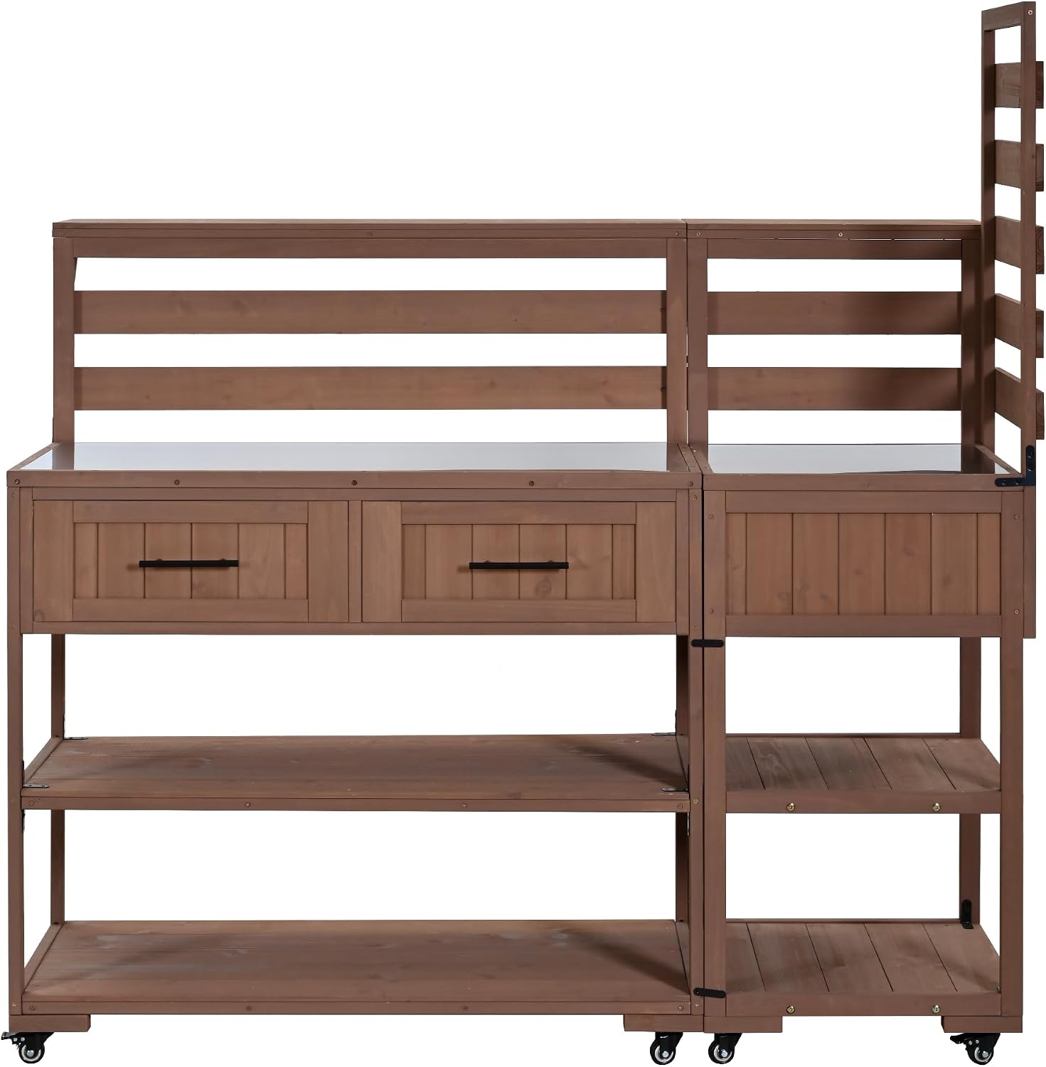 62.3'' Patio Kitchen Island, Solid Wood Kitchen Cart with Stainless Table Top, Garden Potting Bench with Raised Shelf and Drawers, Grill Prep Table for BBQ, Party (Brown-62.3'')