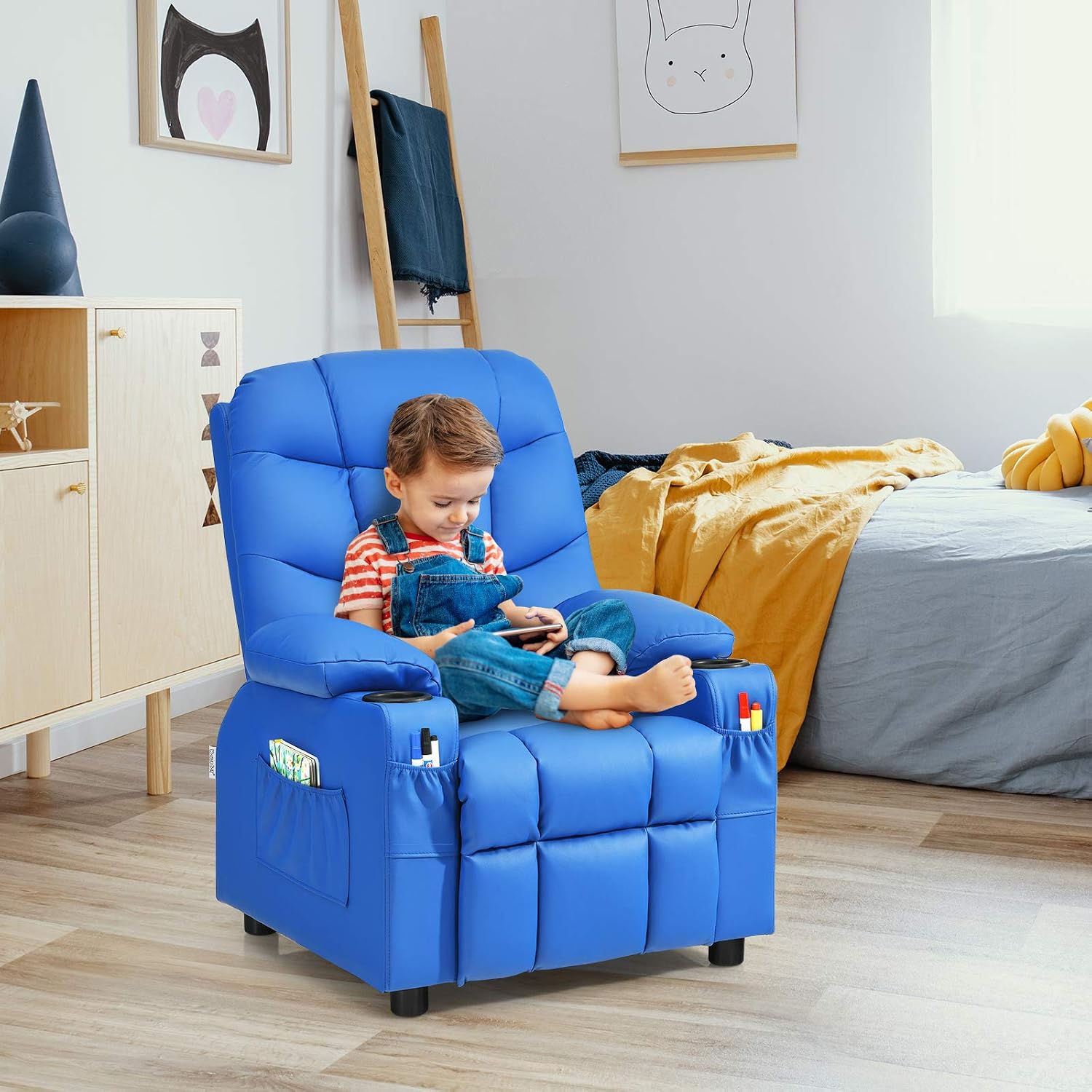 MAT EXPERT Kids Recliner, Leather Adjustable Reading Gaming Chair w/ 2 Cup Holder, 3 Side Pocket Storage & Footrest, Kids Couch Toddler Lounge Chair for Boys Girls, Kids Room Playroom Nursery (Blue)