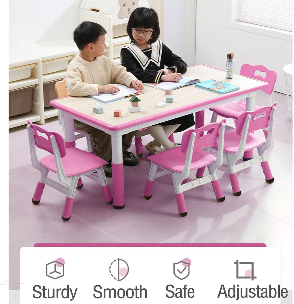 Kids Table and Chair Set, Height Adjustable Toddler Arts & Crafts Table and 6 Chair Set for Ages 2-10,Max 300lbs Kids Activity Art Table for Classroom Daycares,Home