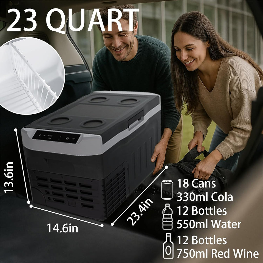 12 Volt Refrigerator, 23QT(22L) Mini Portable Car Fridge, Freezer Compressor Electric Cooler -4℉~68℉, 12/24V DC 100-240V AC for Truck Van RV SUV Travel Camping Road Boat Trips