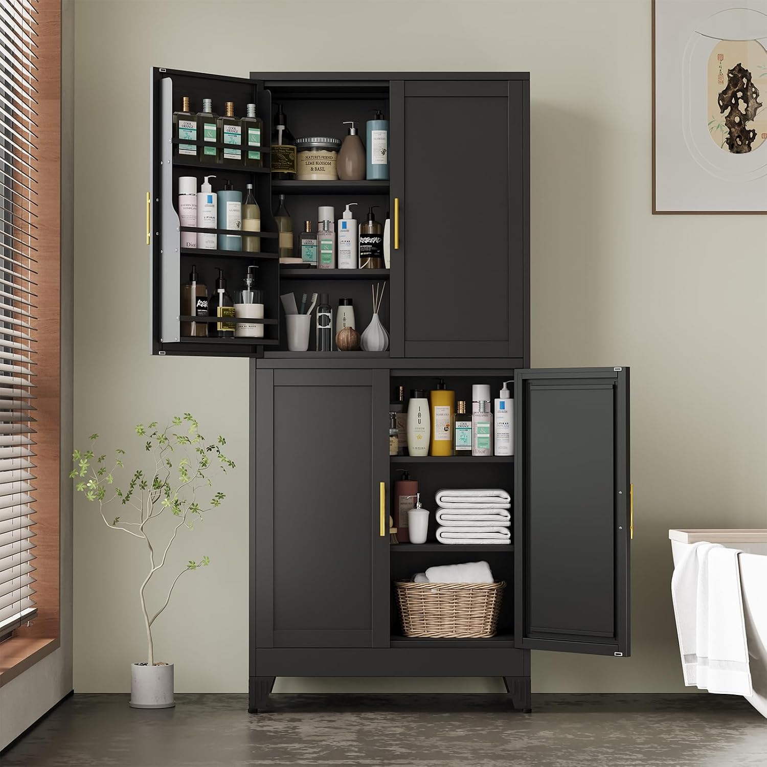Black Pantry Storage Cabinet, 75' Kitchen Pantry with Doors and 3 Adjustable Shelves, Metal Freestanding Buffet Cupboards Sideboard, for Office, Home, Garage, School