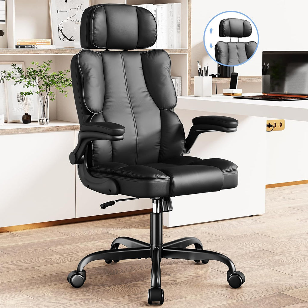 Kensaker Ergonomic Executive Office Chair with Adjustable Headrest & 90° Flip-Up Arms, High Back PU Leather Computer Desk Chair with 135° Rocking & Double Padding for Home Office Comfort, Black