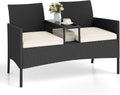 Tangkula Patio Loveseat with Built-in Table, Wicker 2-Seat Furniture with Soft Cushions & Tempered Glass Tabletop, Metal Frame Outdoor Conversation Seating Bench for Backyard, Porch