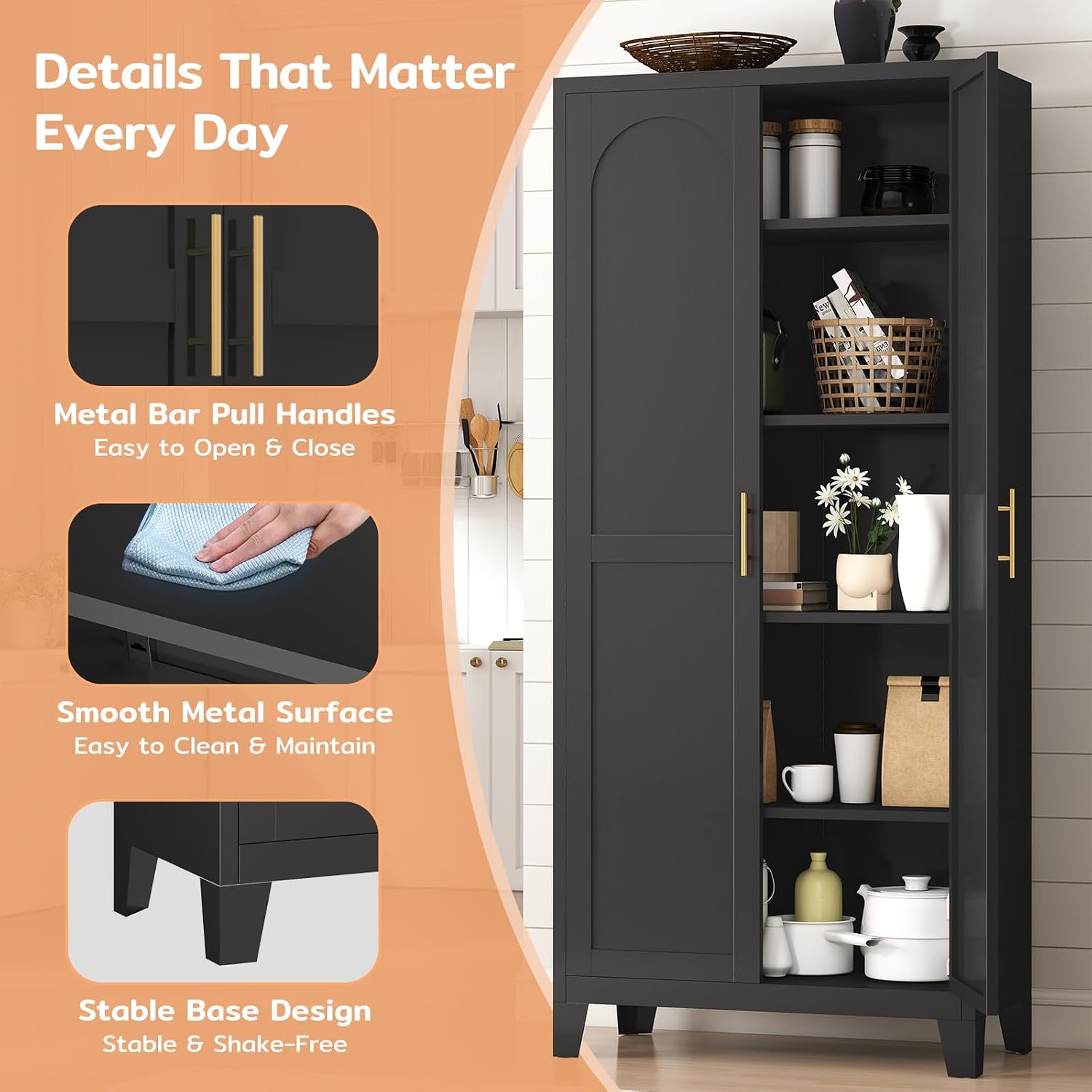 Zevemomo 70.87' H Metal Kitchen Pantry Cabinet, Freestanding Cupboard with 2 Doors and 4 Adjustable Shelves, Tall Metal Storage Cabinet for Kitchen, Bathroom, Dinning Room or Laundry Room （Black）