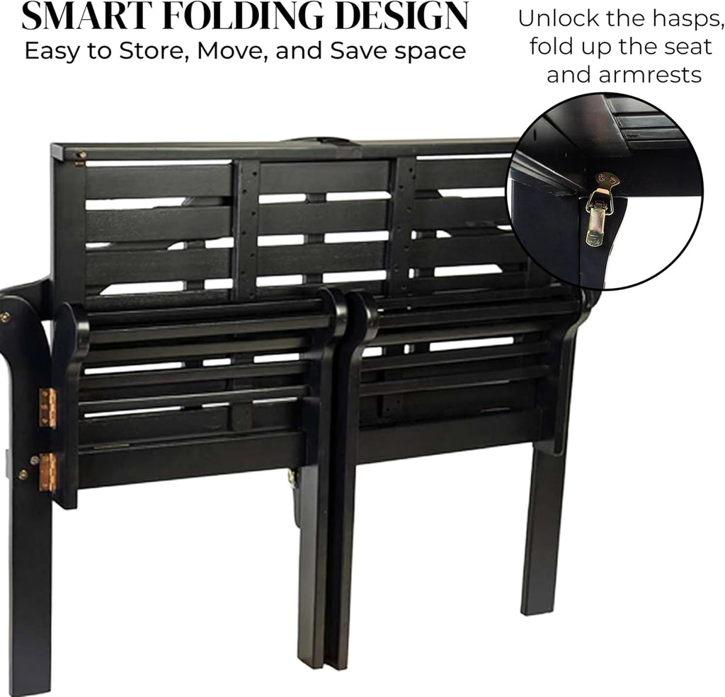 Plow & Hearth Weatherproof Lutyens Eucalyptus Wood Garden Bench | Foldable Patio Bench | Outdoor Furniture Seating for Porch Park Deck | Black