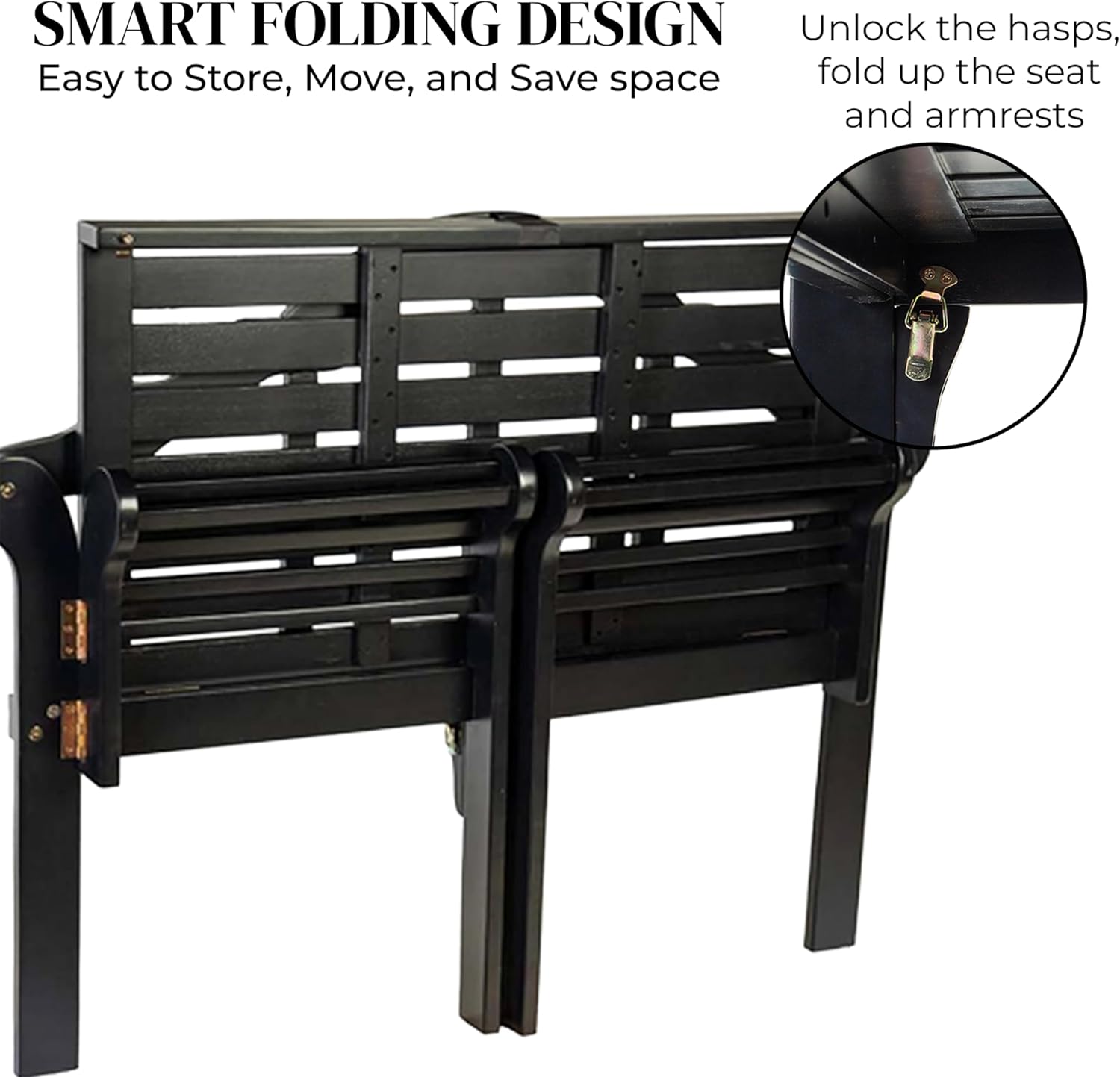 Plow & Hearth Weatherproof Lutyens Eucalyptus Wood Garden Bench | Foldable Patio Bench | Outdoor Furniture Seating for Porch Park Deck | Black