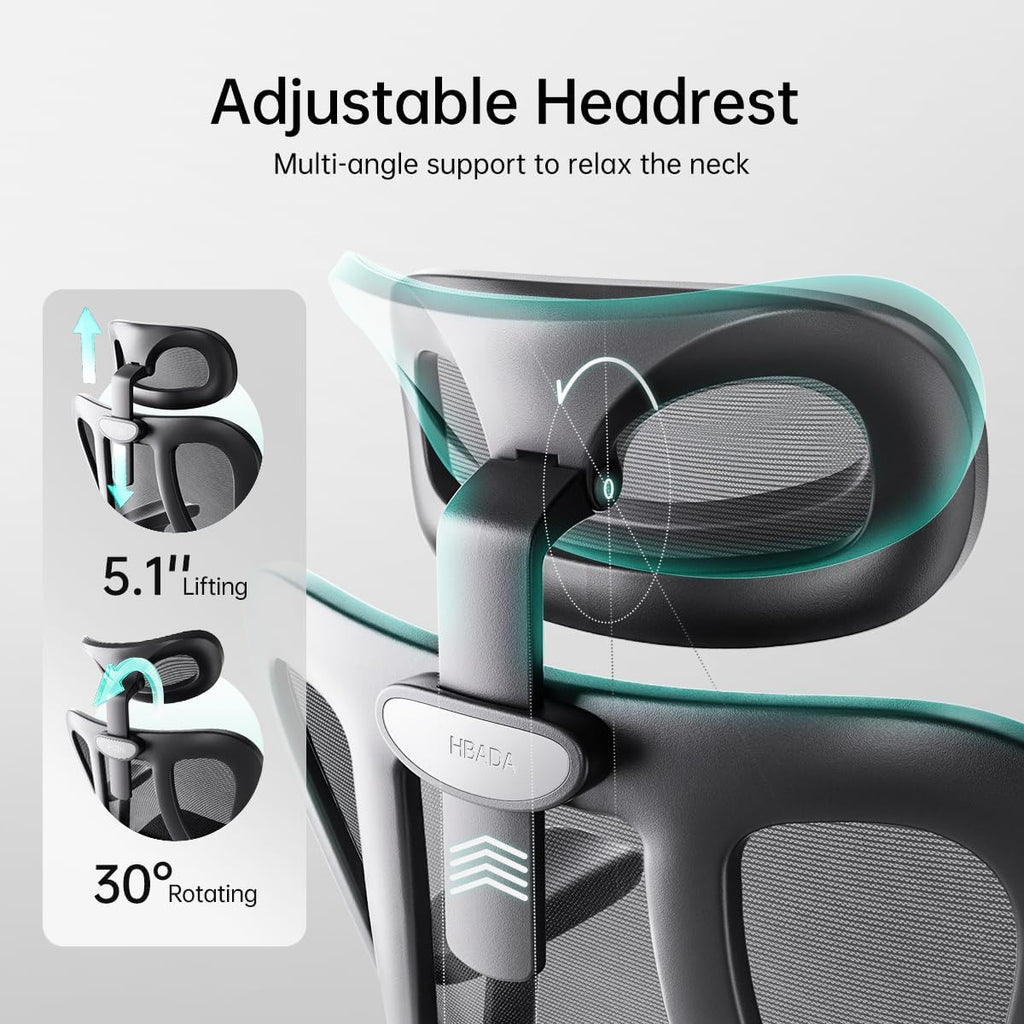 Hbada P3 Ergonnomic Office Chair with 2D Adjustable Lumbar Support, Office Chairs with Adjustable Headrest and Armrest, 145° Stepless Tilt Function, Black(No Footrest)