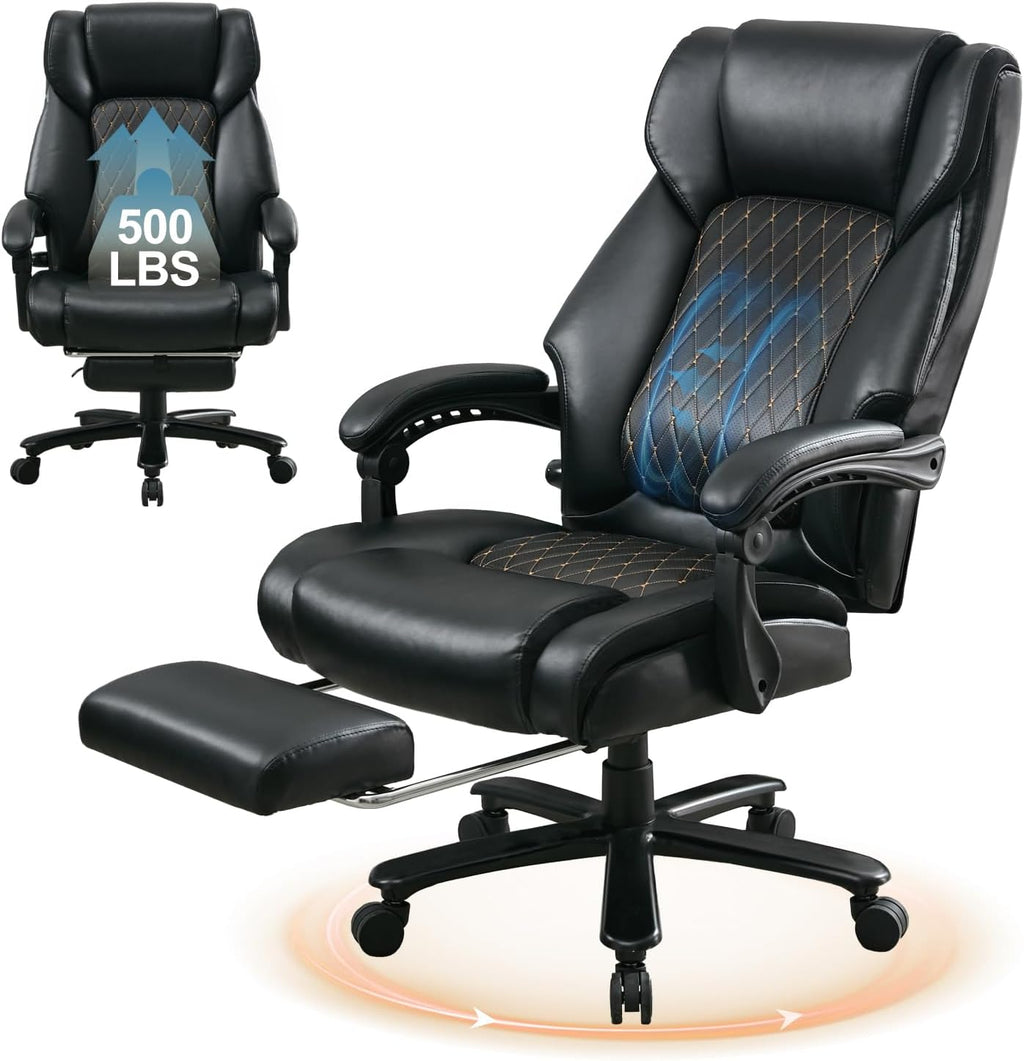 Reclining Office Chair with Retractable Footrest & Adjustable Lumbar Support - 500 lbs Capacity for Big and Tall Users, Leather Executive Desk Chair for Home Office, Work, and Relaxation, Black
