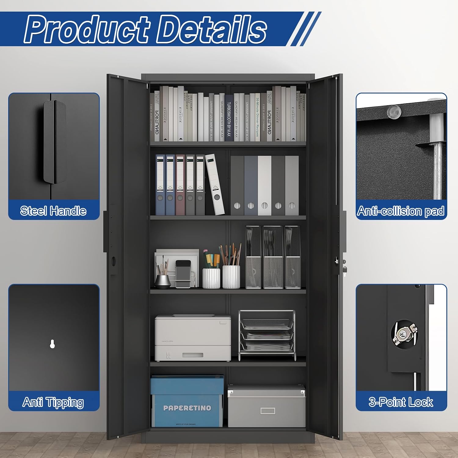 Metal Storage Cabinet with Doors and 4 Shelves, 72x34x18 Garage Storage Cabinets,Tall Black Locking Metal Cabinets with Lock for File, Office, Garage, Home