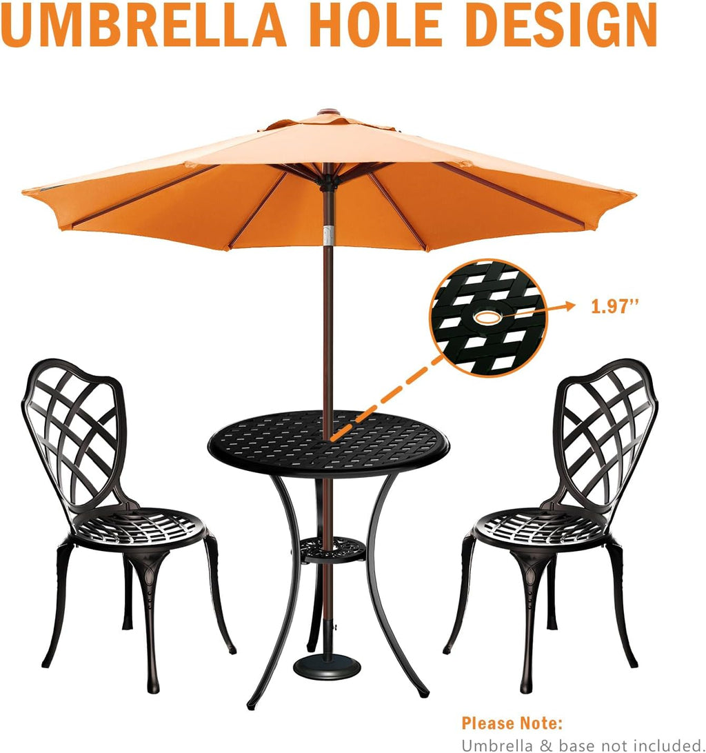 3 Piece Patio Bistro Set, Outdoor Bistro Table and Chairs Set of 2 w/Umbrella Hole, Rust-Resistant Cast Aluminum Bistro Set for Garden/Balcony/Backyard, Black