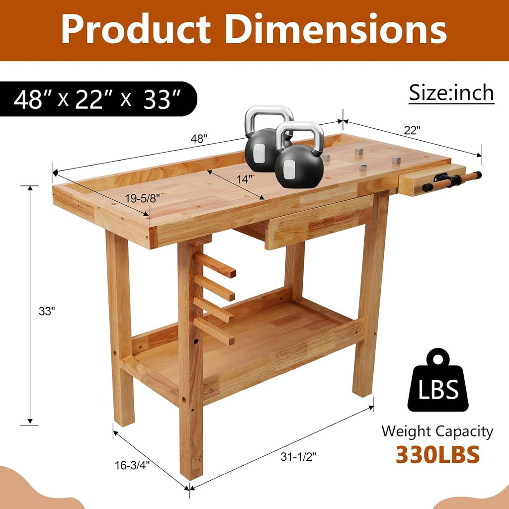55' Rubber Wood Workbench, Heavy Duty Work Bench with Drawer& Shelf, Work Bench Table for Garage, Workshop, Home Storage, Woodworking Bench, 330 lbs Weight Capacity (48')