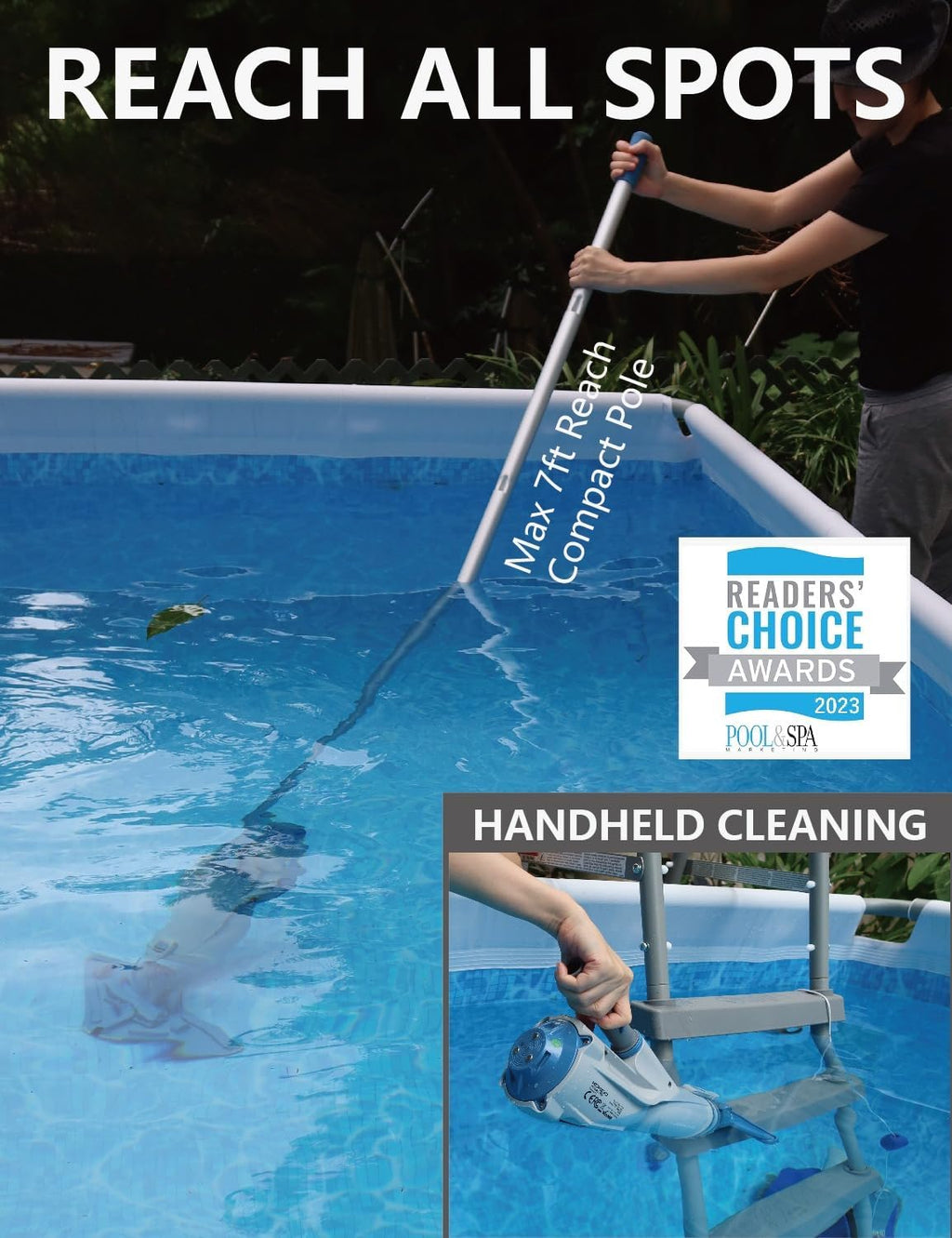 KOKIDO Rechargeable Cordless Pool Vacuum for Above Ground Pool and Pond Cleaner, 72' Aluminum Pole, Standard & Fine Filters, 2 Brush Vac Heads, Handheld Pool Cleaner Spot Clean Inground Pools XV320