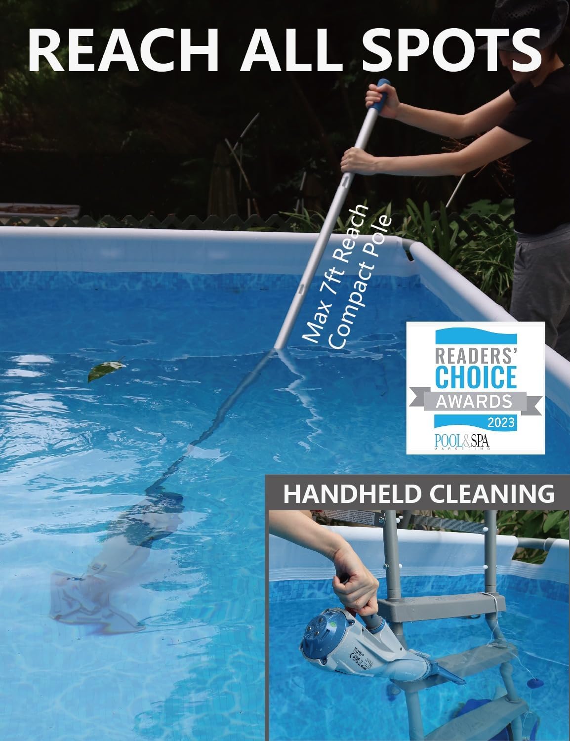 KOKIDO Rechargeable Cordless Pool Vacuum for Above Ground Pool and Pond Cleaner, 72' Aluminum Pole, Standard & Fine Filters, 2 Brush Vac Heads, Handheld Pool Cleaner Spot Clean Inground Pools XV320