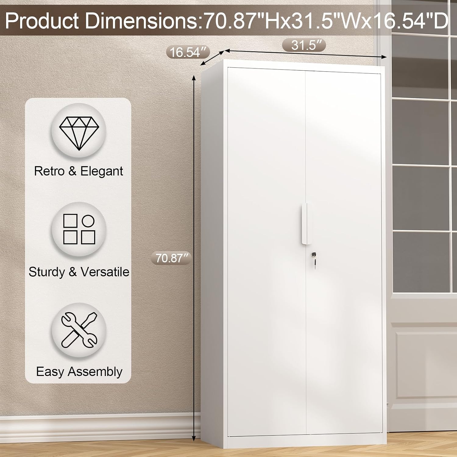 GREATMEET Garage Storage Cabinets, Metal Storage Cabinet with 2 Doors and Shelves, 71' H Metal Pantry, Lockable Storage Cabinets, Tool Storage Utility Cabinet for Office, White