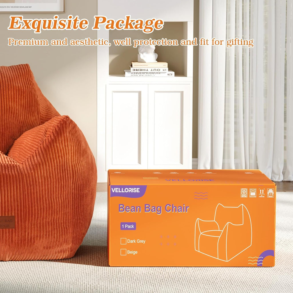 Big Bean Bag Chair for Adults, Ultra Soft Living Room Bean Bag with Armrests, Stuffed BeanBag Chair for Napping, Gaming, Vacuum-Compressed for Easy Gifting, 48 Hours to Fluffs Up, Orange