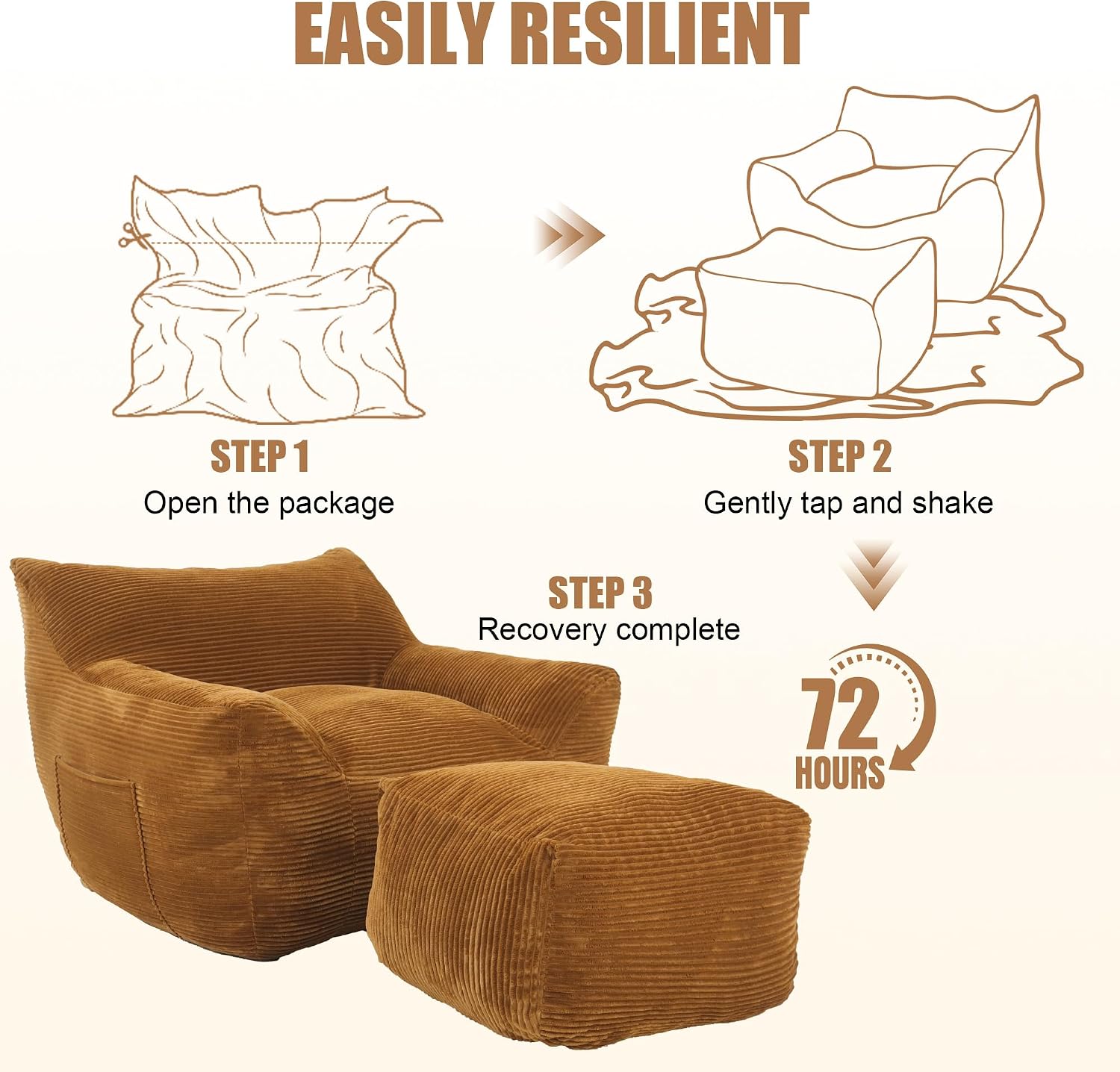 Giant Bean Bag Chair with Ottoman, Comfy Bean Bag Couch with 2 Side Pocket, Corduroy Boneless Couch Chair in a Box, Stuffed Lounge Floor Sofa for Dorm, Bedroom, Living Room, Brown