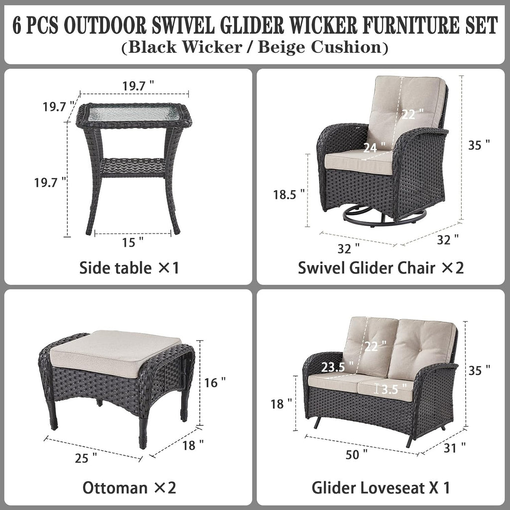 Belord 6 Pieces Wicker Patio Conversation Sets with Outdoor Swivel Rocker Chairs and Loveseat Glider Chair, All-Weather Rattan Furniture Set for Deck Patio Sunroom Backyard Black