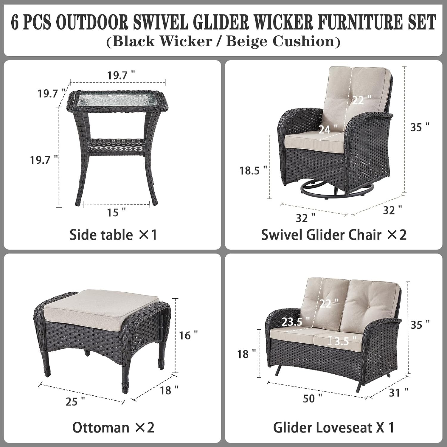 Belord 6 Pieces Wicker Patio Conversation Sets with Outdoor Swivel Rocker Chairs and Loveseat Glider Chair, All-Weather Rattan Furniture Set for Deck Patio Sunroom Backyard Black