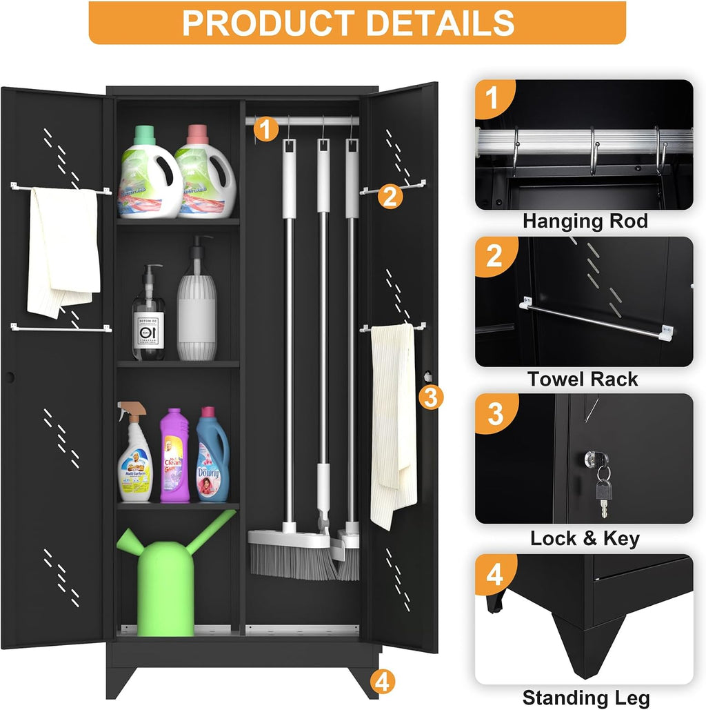 OSEILLC 71'' Metal Storage Cabinet with Doors, Multifunctional Bathroom/Garage Lockable Steel Cabinet, Broom Closet Storage with Hanging Rod (Style-1)