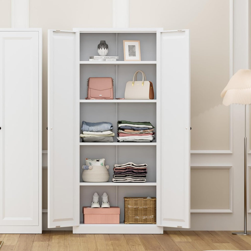 Greenvelly Metal Cabinet, 63' H White Metal Storage Cabinet with Doors and 4 Shelves, Pantry Storage Cabinet for Kitchen, Bedroom, Living Room, Office (Modern)