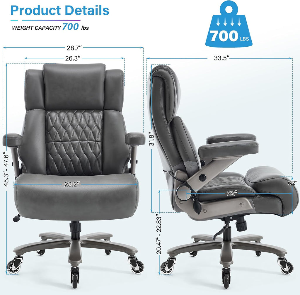 Big and Tall 700lbs Office Chair - Adjustable Lumbar Support 3D Flip Arms Heavy Duty Metal Base&Wheels, High Back Large Executive Computer Desk Chair, Thick Padded Ergonomic Design for Back Pain