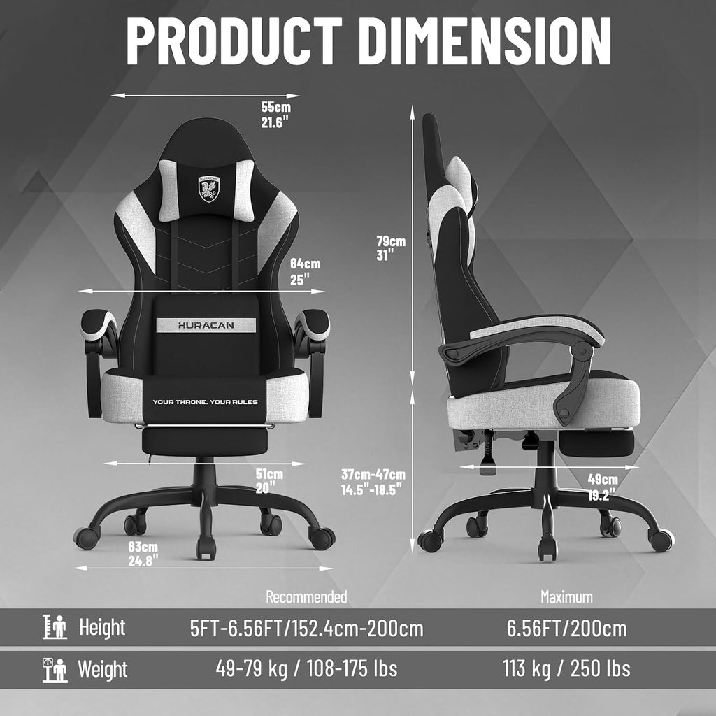 Ferghana Cotton Fabric Gaming Chair with Wider Seat Cushion, Shield-Shaped Embroidery Ergonomic High Back Game Chair with Footrest, Computer Chair with Massage Lumbar Support for Adult, Black/White