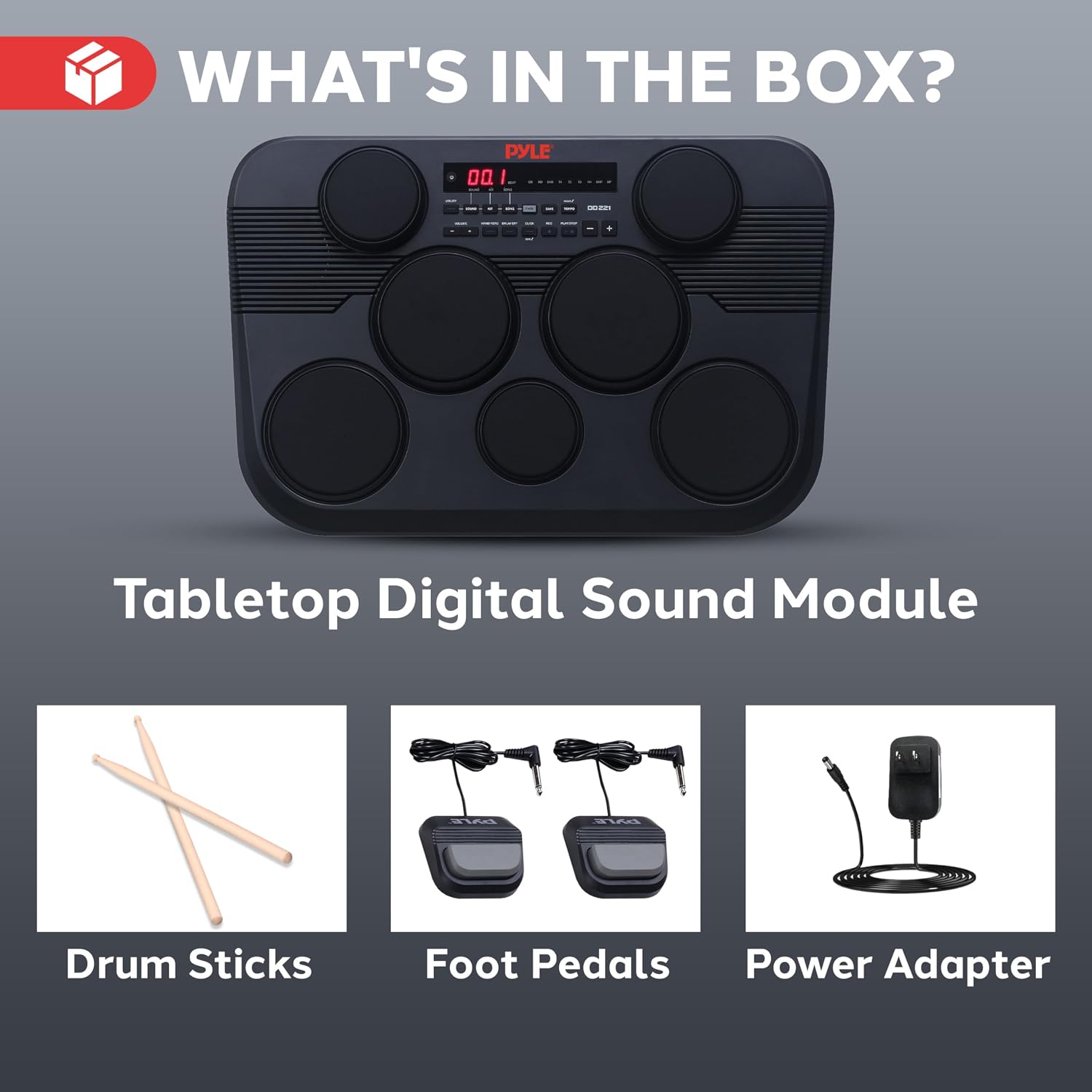 Pyle Electronic Tabletop Digital Drum Set, Compact Portable Drum Pad Kit w/ 7 Touch Sensitive Drum Pads and Pedals, 273 Sounds, USB & Headphone Outputs, MIDI/AUX Inputs, 4x5' Drums & 3x3.5' Cymbals