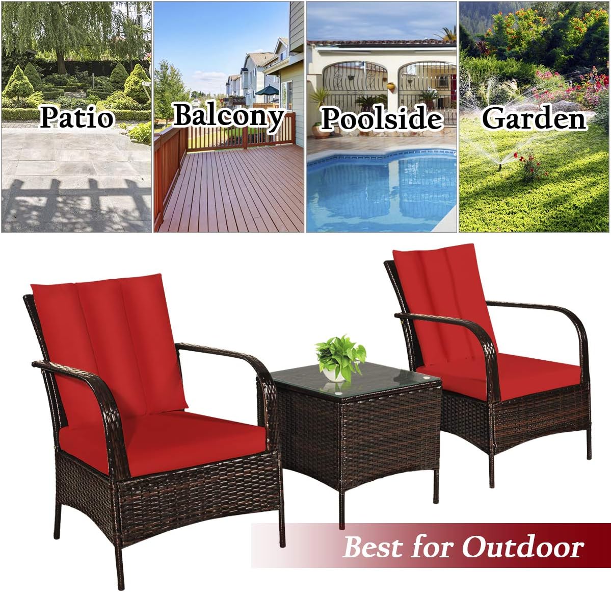 COSTWAY 3 Pieces Patio Rattan Furniture Set, Outdoor Conversation Chair Set with Coffee Table & 2 Cushions for Backyard, Porch, Poolside, Lawn, Garden, Red