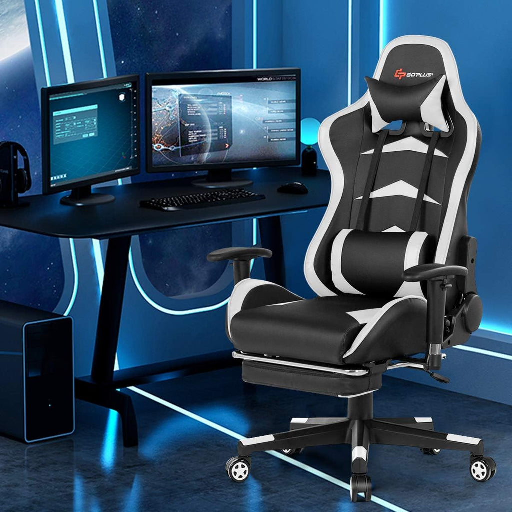 Goplus Massage Gaming Chair, Reclining Backrest, Handrails and Seat Height Adjustment Racing Computer Office Chair, High Back Ergonomic PU Leather Swivel PC Game Chair with Footrest