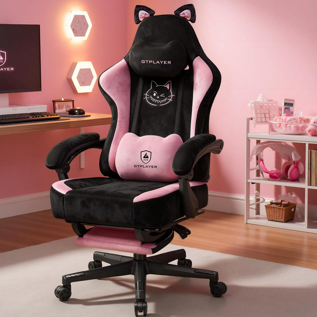 GTPOFFICE Cute Gaming Chair with Cat Ears,Ergonomic Computer Chair with Footrest Cat Paw Lumbar Support Comfortable Reclining Game Chair Desk Chair for Adult Teens, Soft Fabric, Pink Black