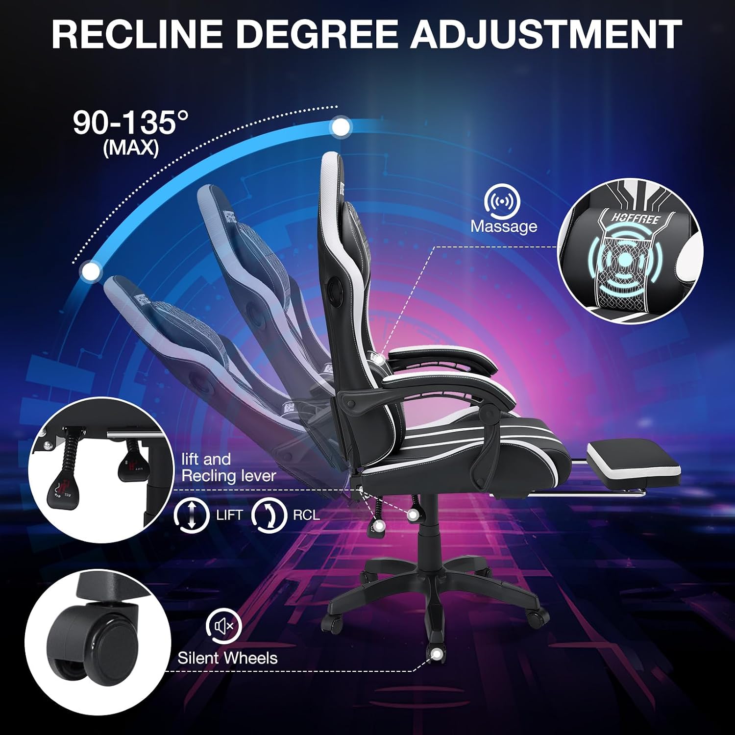 HOFFREE LED Gaming Chair with Speakers Massage Big and Tall Computer Chair with RGB Lights Bluetooth Game Chair with Footrest High Back Gaming Chairs for Adults 400lbs White and Black