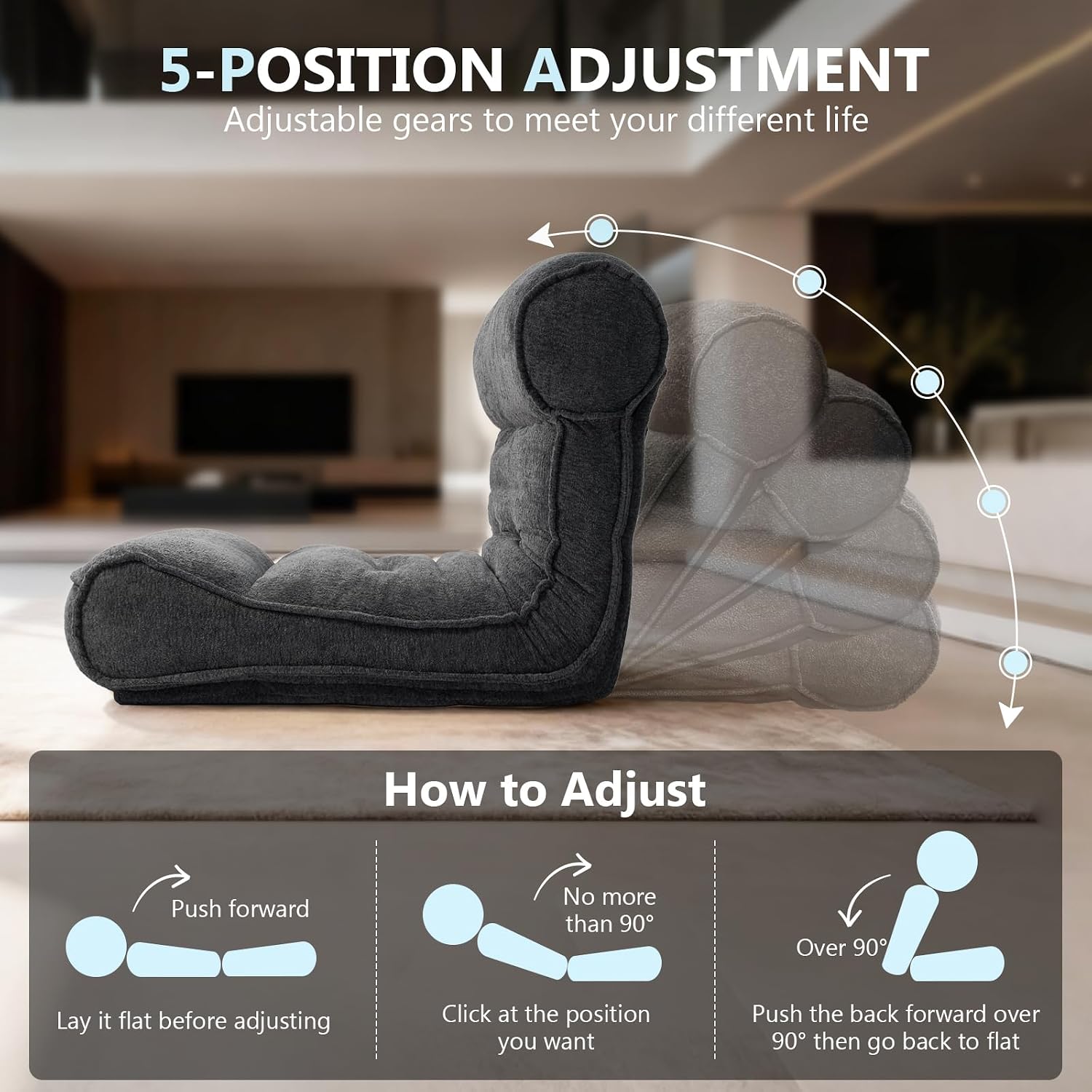 Dineli 83'' Floor Chair with Back Support Meditation Chair Couch Recliner w Adjustable Backrest Lazy Floor Lounger Gaming Chair for Adults Sofa Bed Sleeper Chair Chaise Lounge Chair Indoor, Black