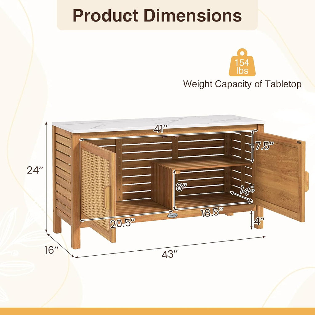 Goplus Outdoor Console Table, Acacia Wood Patio Storage Cabinet with Fax Marble Top, Rattan Doors, Inner Shelves & Hidden Compartment, Outdoor Sideboard for Patio (Rattan Door)