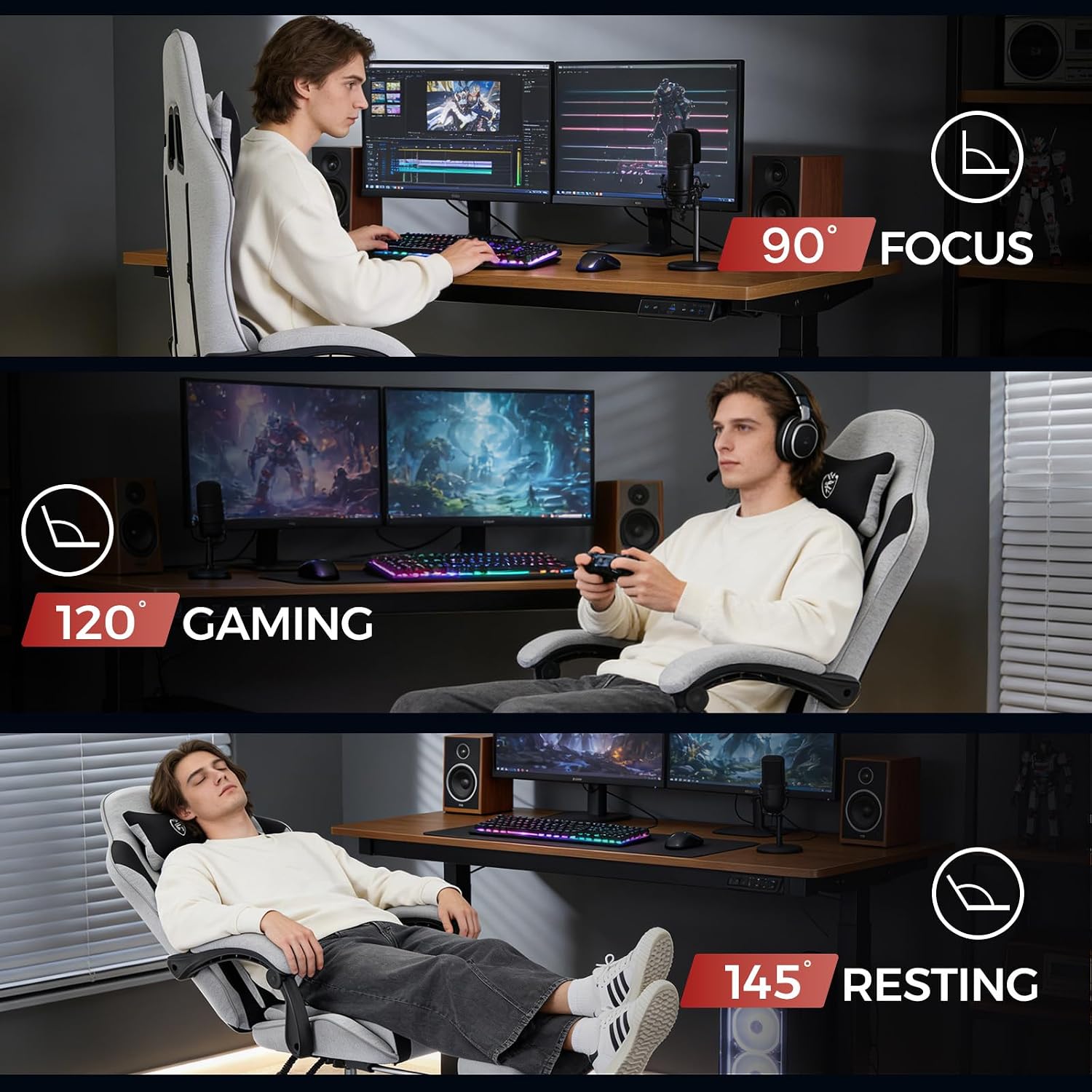 Gaming Chair Breathable Fabric,Computer Office Chair with Footrest,Massage Lumbar Support and Gel Pad,Ergonomic Reclining Adjustable Gamer Chair with Headrest and Spring Cushion Grey Black