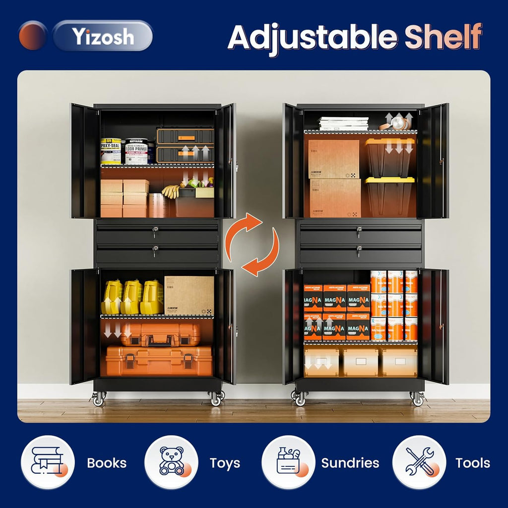 Yizosh Metal Garage Storage Cabinet with Locking Doors and Adjustable Shelves, 74' Rolling Tool Storage Cabinet with 4 Wheels and 2 Drawer for Garage,Warehouse