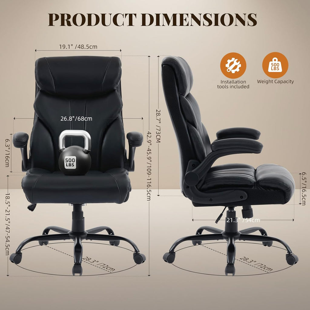 Comfortable Office Desk Chair 500 LBS, Big and Tall Office Chairs with Adjustable Flip-up Armrests,100-118°Recline Executive Leather Gaming Chair for Heavy People, Long Hours,Black