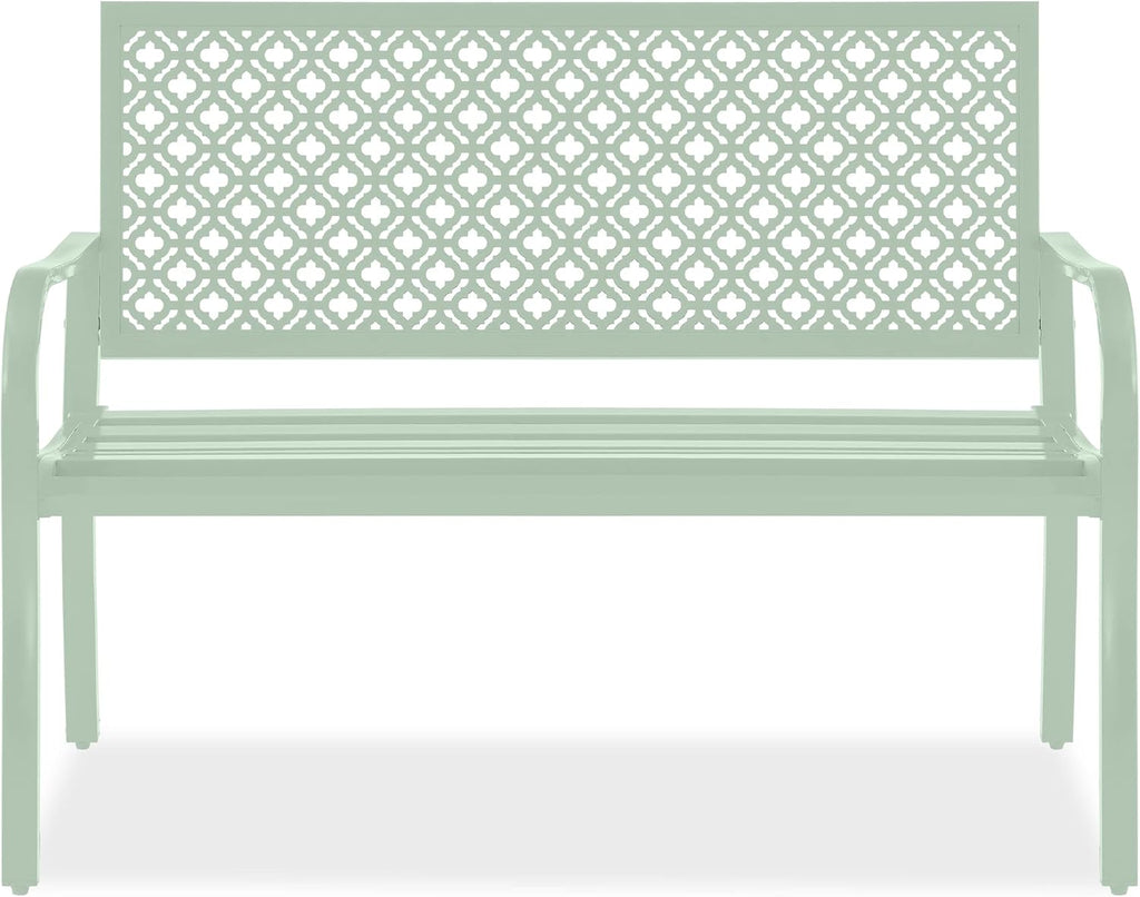 Best Choice Products Outdoor Bench 2-Person Metal Steel Benches Furniture for Garden, Patio, Porch, Entryway w/Geometric Backrest, 790lb Capacity - Mint Green