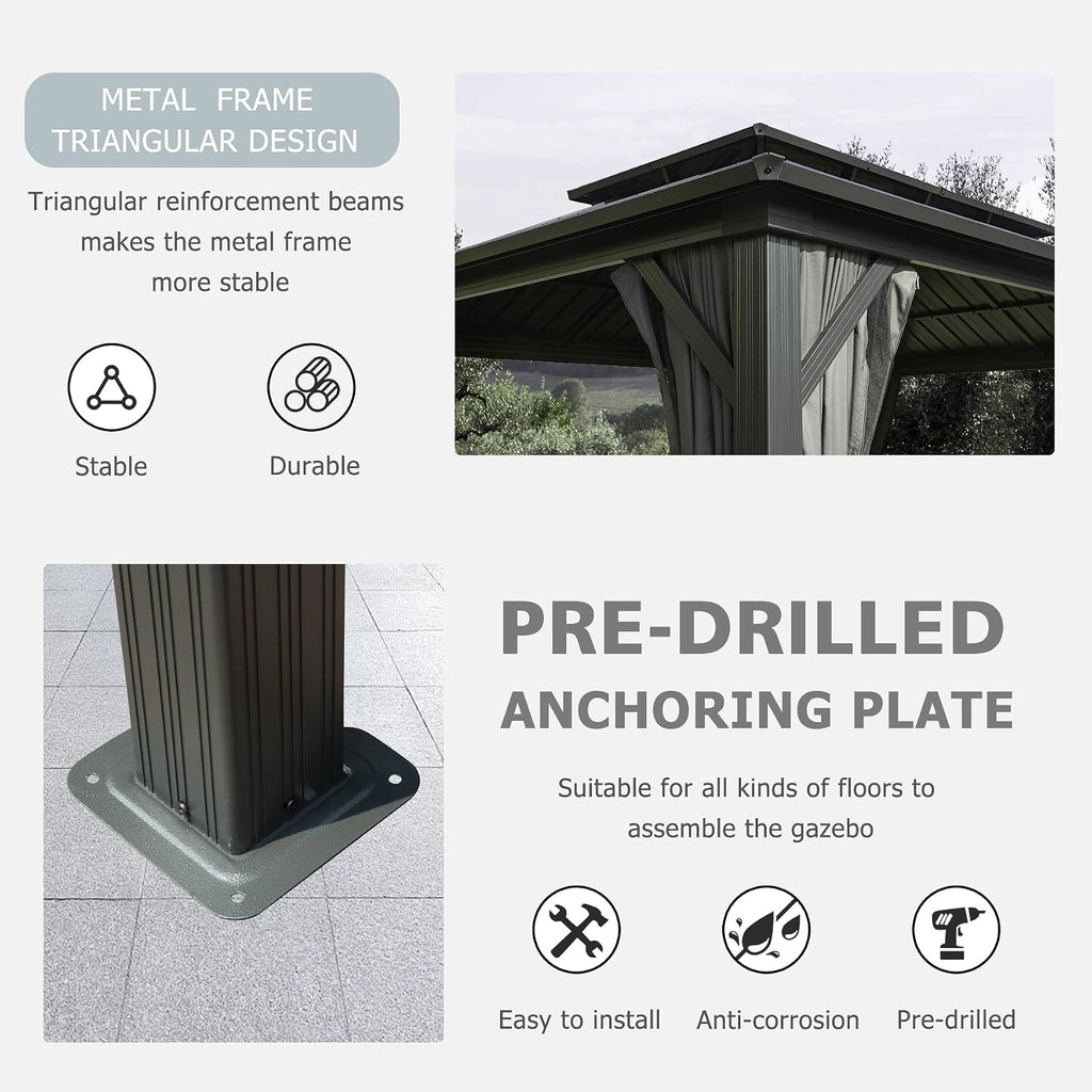 Domi Hardtop Gazebo 10x10FT, Aluminum Outdoor Gazebo with Galvanized Steel Double Roof Canopy, Curtains and Netting Included, Metal Gazebo Permanent Pavilion for Patio, Lawn, Garden, Gray