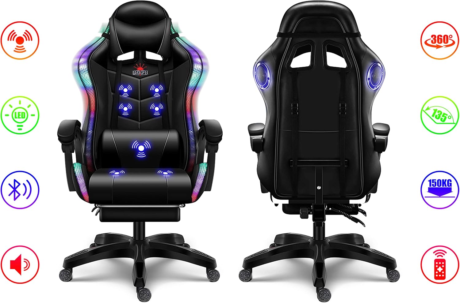 Ergonomic Pro Gaming Chair with LED Lights and Speakers, Video Game Chair with Massage and Footrest, High Back Computer Chair with Lumbar Support and Headrest, Adjustable Height, for Adult Teens.,WHI